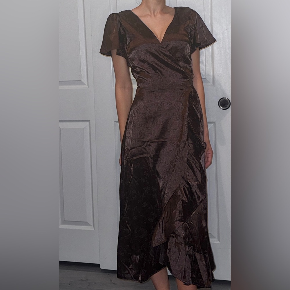 Francesca's Collections Chocolate Brown Satin Wrap Midi Dress